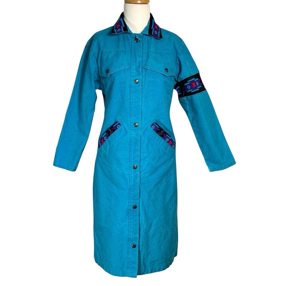 Vintage David James Turquoise Riding Rodeo Aztec Duster Long Trench Coat Sz S